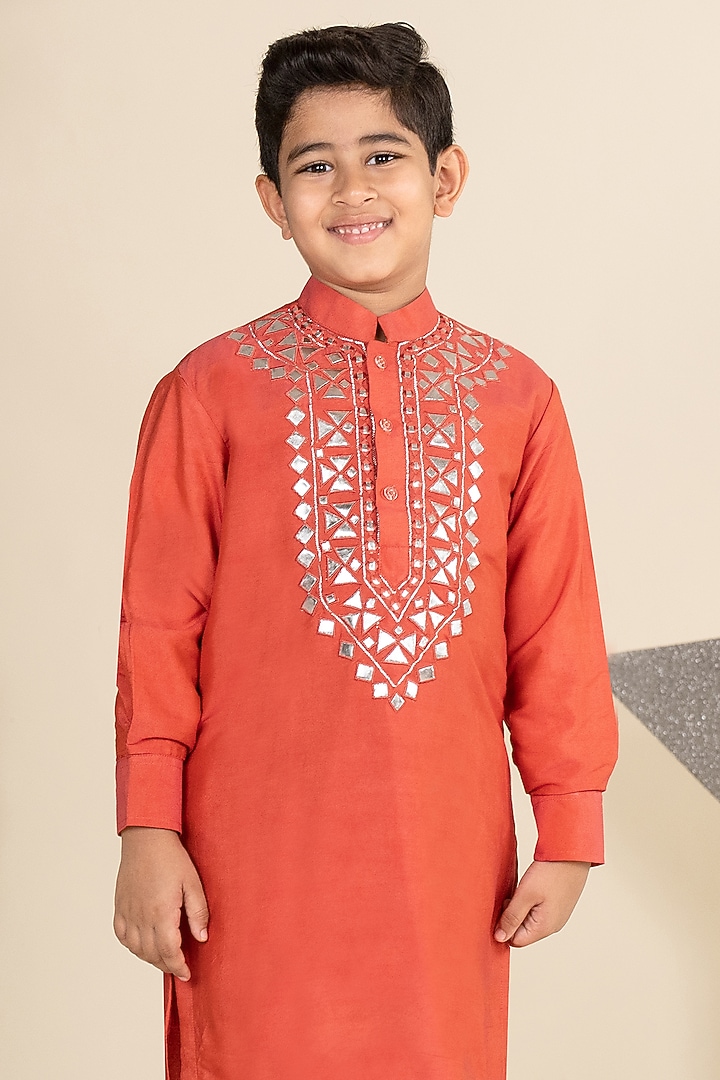 Rust Orange Cotton Silk Motif Embroidered Kurta Set For Boys by Little Boys Closet at Pernia's Pop Up Shop
