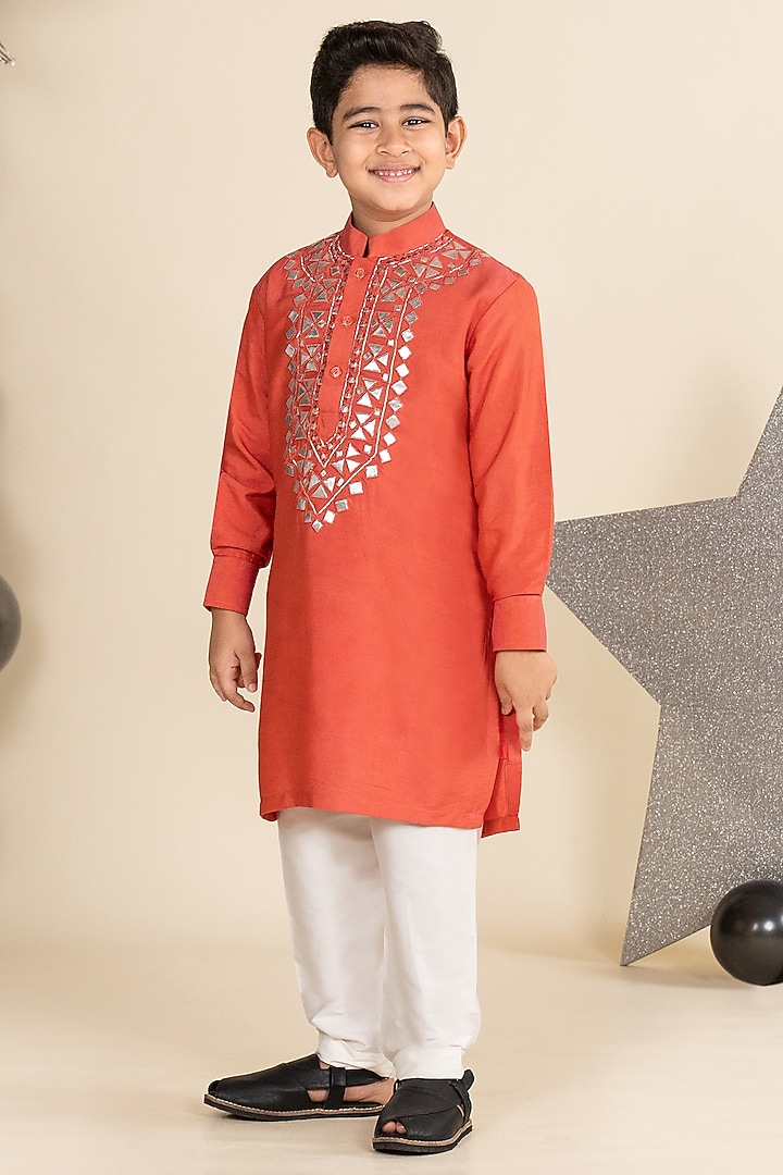 Rust Orange Cotton Silk Motif Embroidered Kurta Set For Boys by Little Boys Closet at Pernia's Pop Up Shop