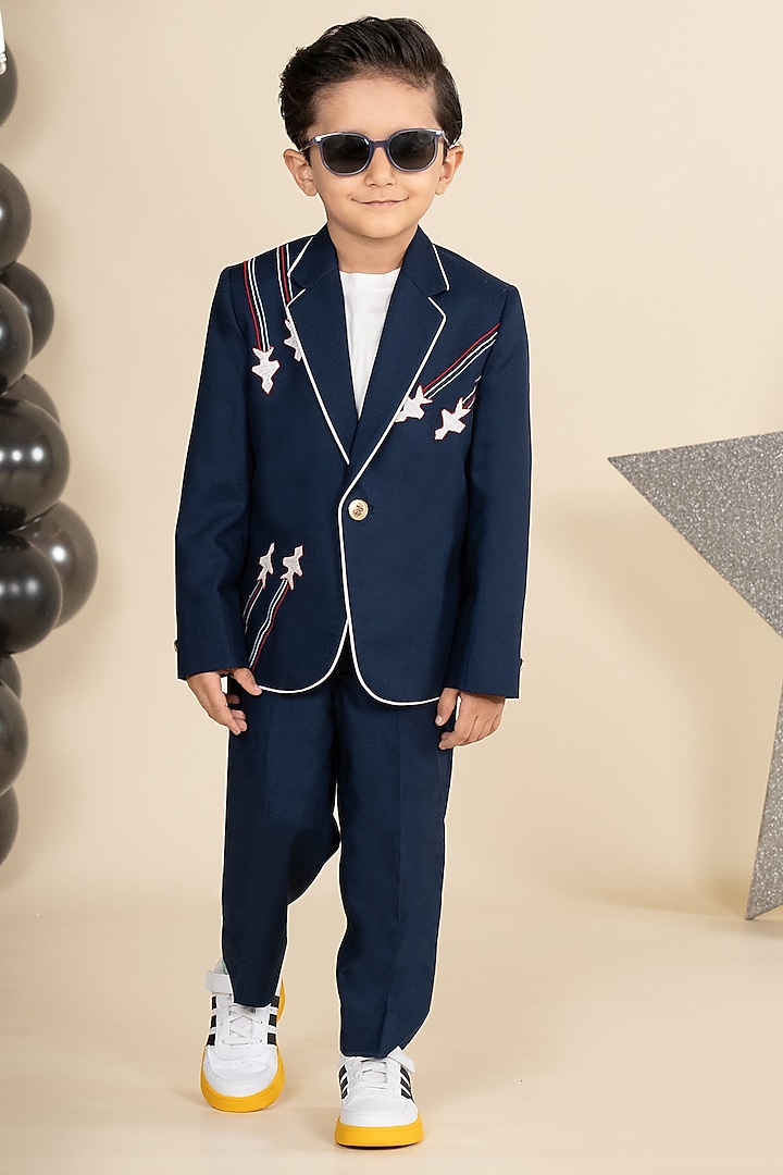 Navy Blue Suiting Placement Embroidered Blazer Set For Boys by Little Boys Closet at Pernia's Pop Up Shop