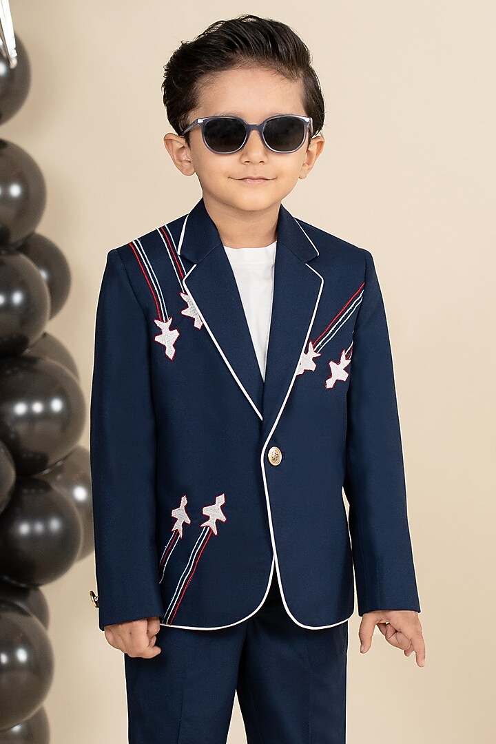 Navy Blue Suiting Placement Embroidered Blazer Set For Boys by Little Boys Closet at Pernia's Pop Up Shop