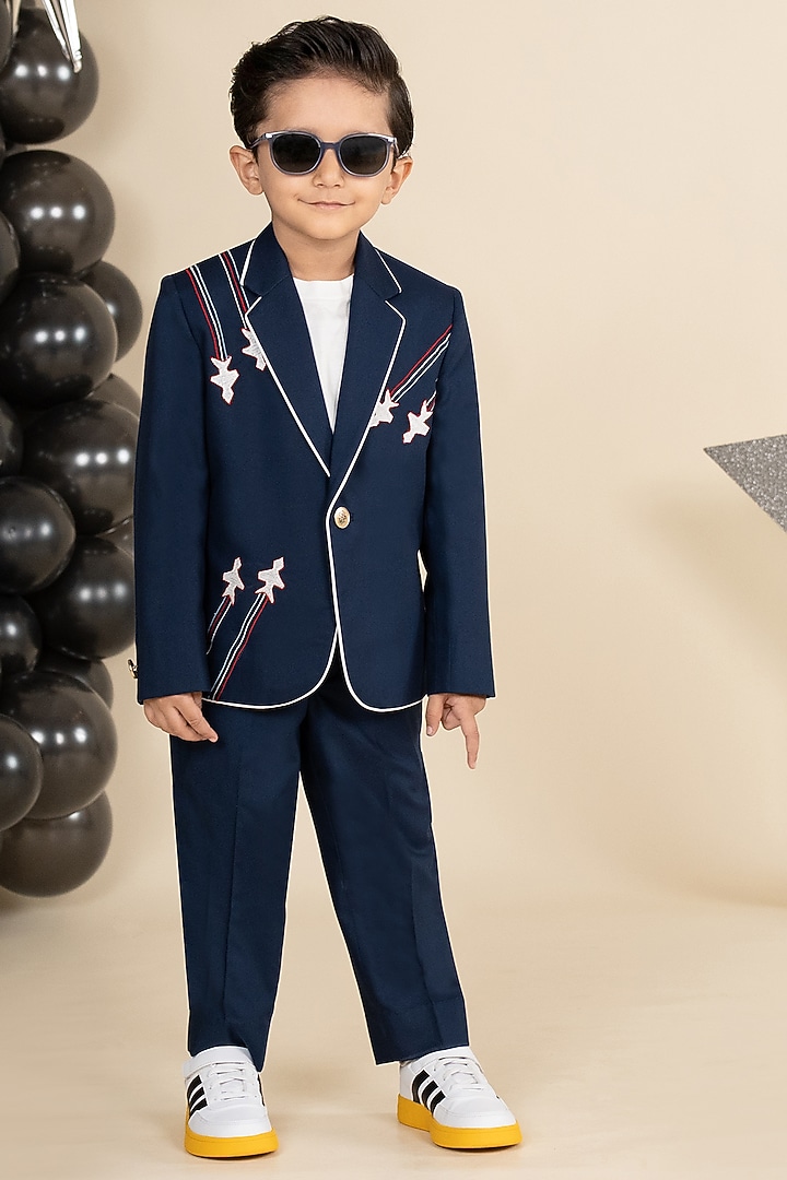 Navy Blue Suiting Placement Embroidered Blazer Set For Boys by Little Boys Closet at Pernia's Pop Up Shop
