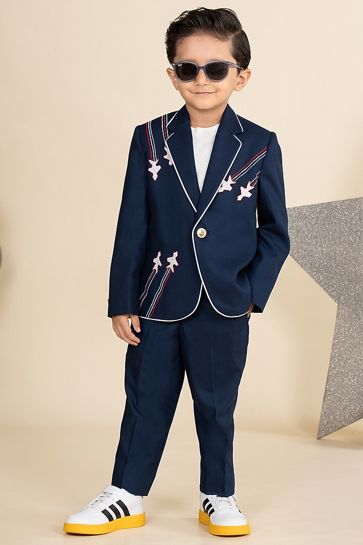 Navy Blue Suiting Placement Embroidered Blazer Set For Boys by Little Boys Closet at Pernia's Pop Up Shop