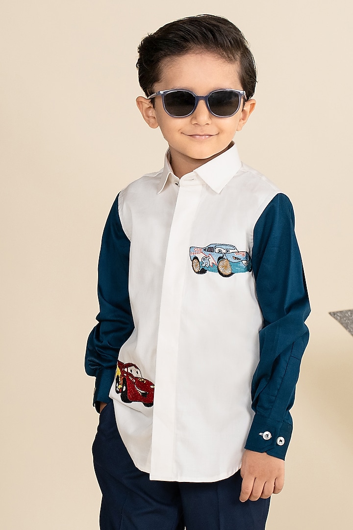 White & Navy Blue Cotton Satin Motif Embroidered Color-Blocked Shirt For Boys by Little Boys Closet at Pernia's Pop Up Shop