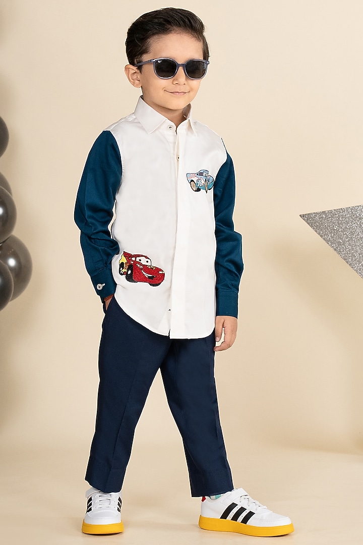 White & Navy Blue Cotton Satin Motif Embroidered Color-Blocked Shirt For Boys by Little Boys Closet at Pernia's Pop Up Shop
