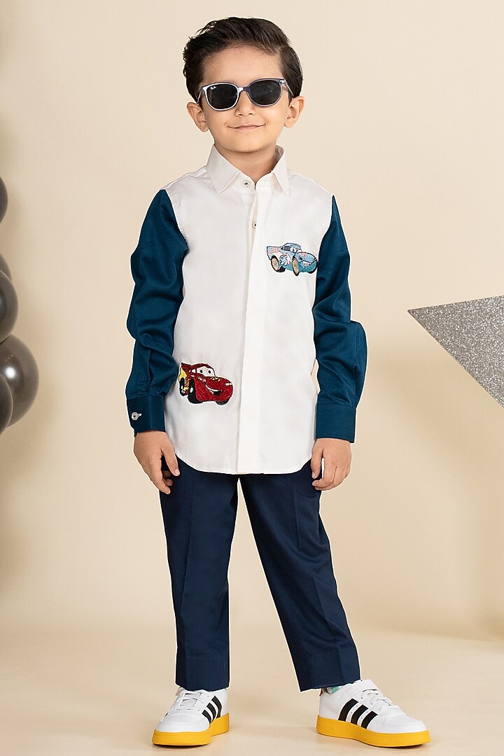 White & Navy Blue Cotton Satin Motif Embroidered Color-Blocked Shirt For Boys by Little Boys Closet at Pernia's Pop Up Shop