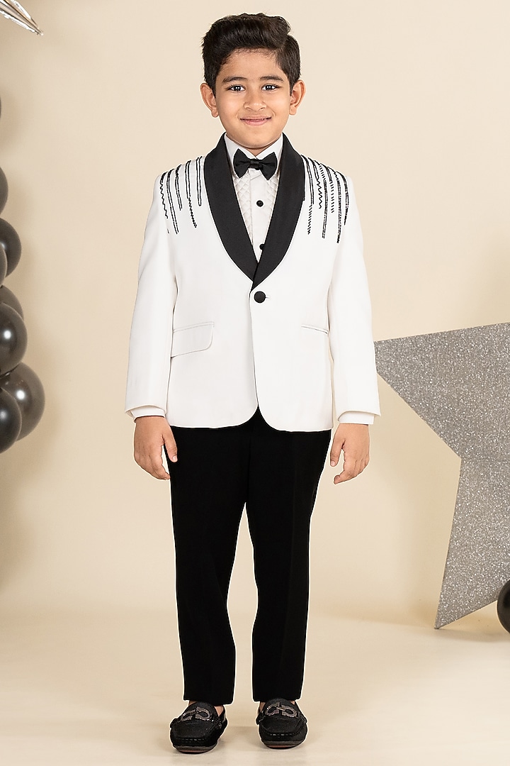 White Suiting Sandwash Cutdana Hand Embroidered Tuxedo Set For Boys by Little Boys Closet at Pernia's Pop Up Shop