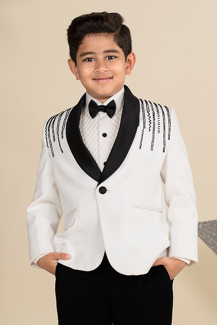 White Suiting Sandwash Cutdana Hand Embroidered Tuxedo Set For Boys by Little Boys Closet at Pernia's Pop Up Shop