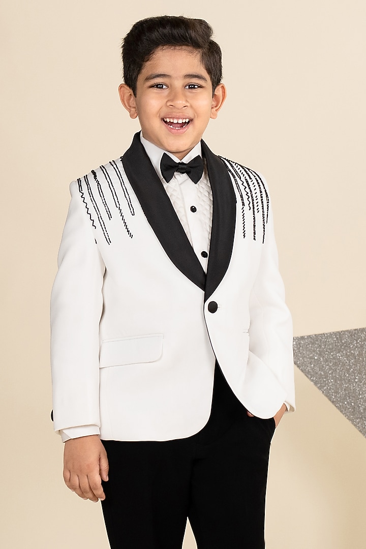 White Suiting Sandwash Cutdana Hand Embroidered Tuxedo Set For Boys by Little Boys Closet at Pernia's Pop Up Shop