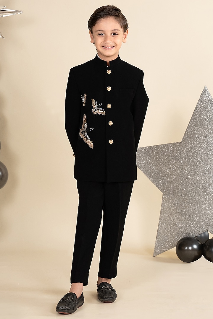 Black Suiting Sandwash 3D Hand Embroidered Bandhgala Set For Boys by Little Boys Closet at Pernia's Pop Up Shop