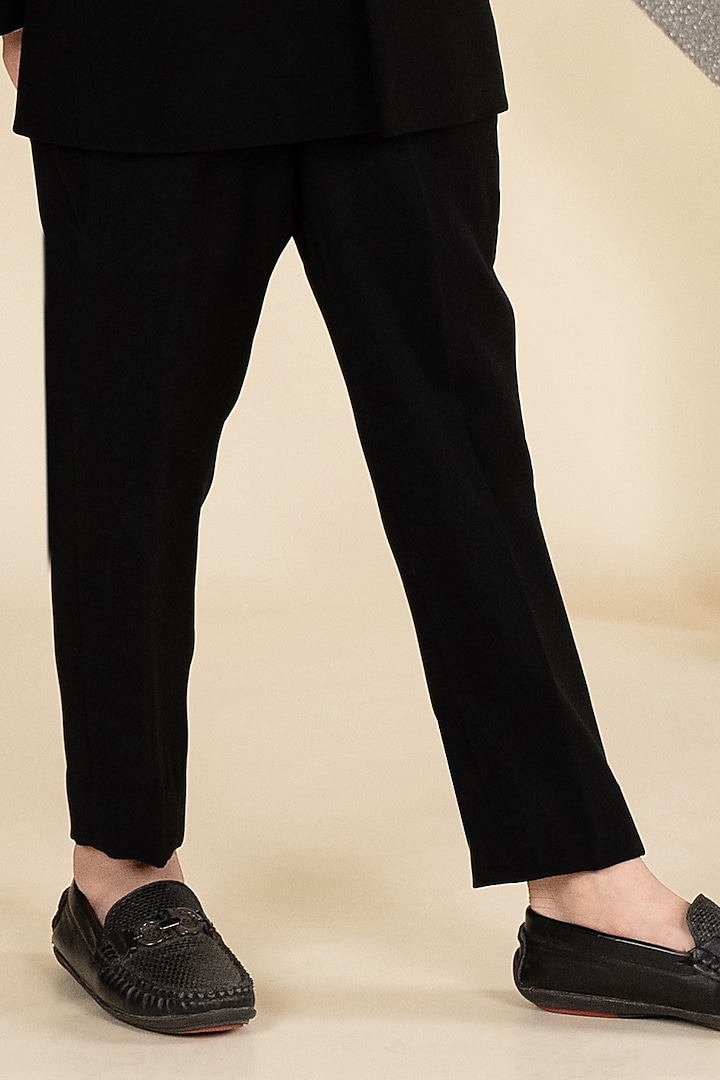 Black Suiting Sandwash 3D Hand Embroidered Bandhgala Set For Boys by Little Boys Closet at Pernia's Pop Up Shop