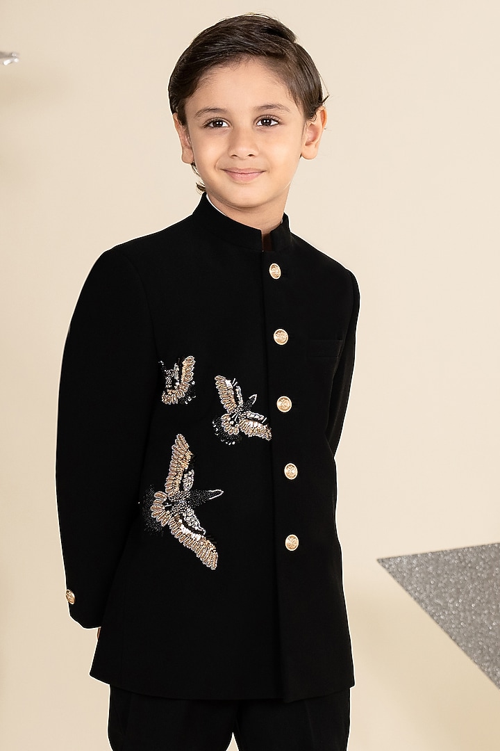 Black Suiting Sandwash 3D Hand Embroidered Bandhgala Set For Boys by Little Boys Closet at Pernia's Pop Up Shop