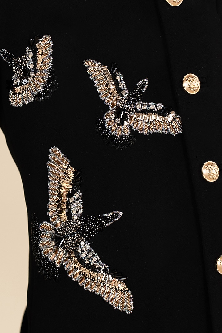 Black Suiting Sandwash 3D Hand Embroidered Bandhgala Set For Boys by Little Boys Closet at Pernia's Pop Up Shop