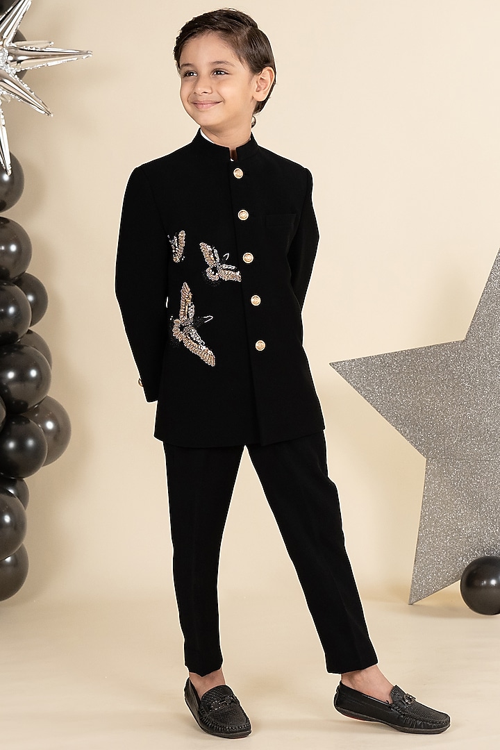 Black Suiting Sandwash 3D Hand Embroidered Bandhgala Set For Boys by Little Boys Closet at Pernia's Pop Up Shop