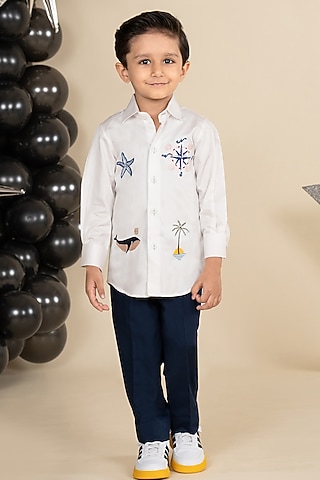 White Cotton Satin Motifs Embroidered Shirt For Boys by Little Boys Closet