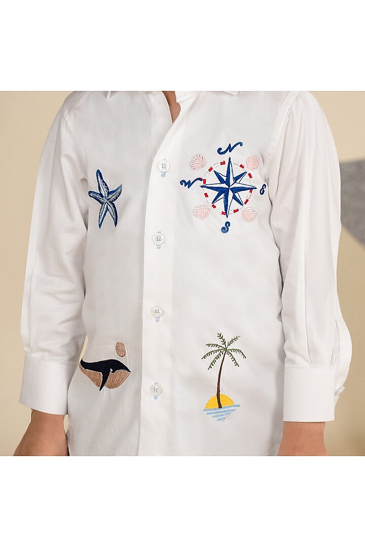 White Cotton Satin Motifs Embroidered Shirt For Boys by Little Boys Closet at Pernia's Pop Up Shop