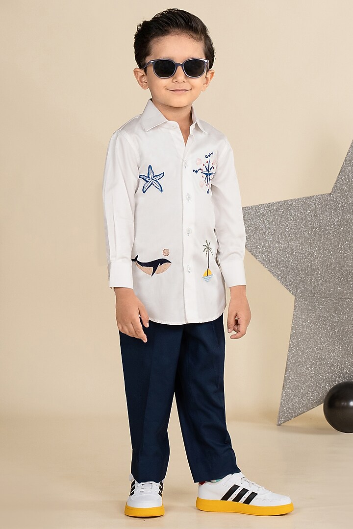White Cotton Satin Motifs Embroidered Shirt For Boys by Little Boys Closet at Pernia's Pop Up Shop
