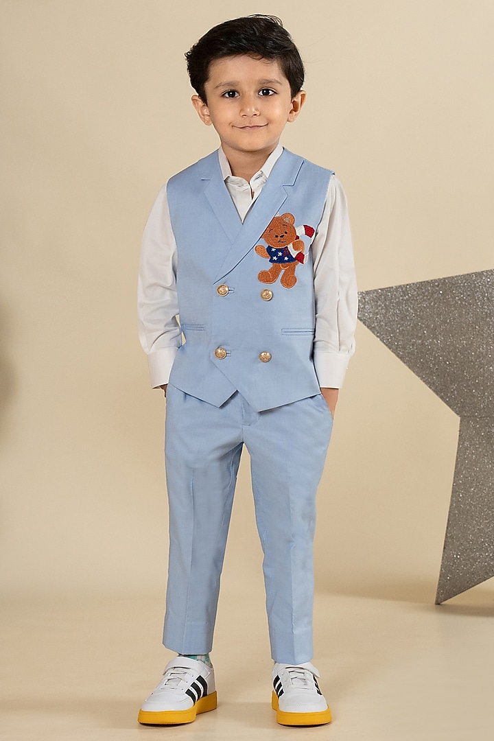 Sky Blue Suiting Cotton Satin Motifs Embroidered Double Breasted Waistcoat Set For Boys by Little Boys Closet