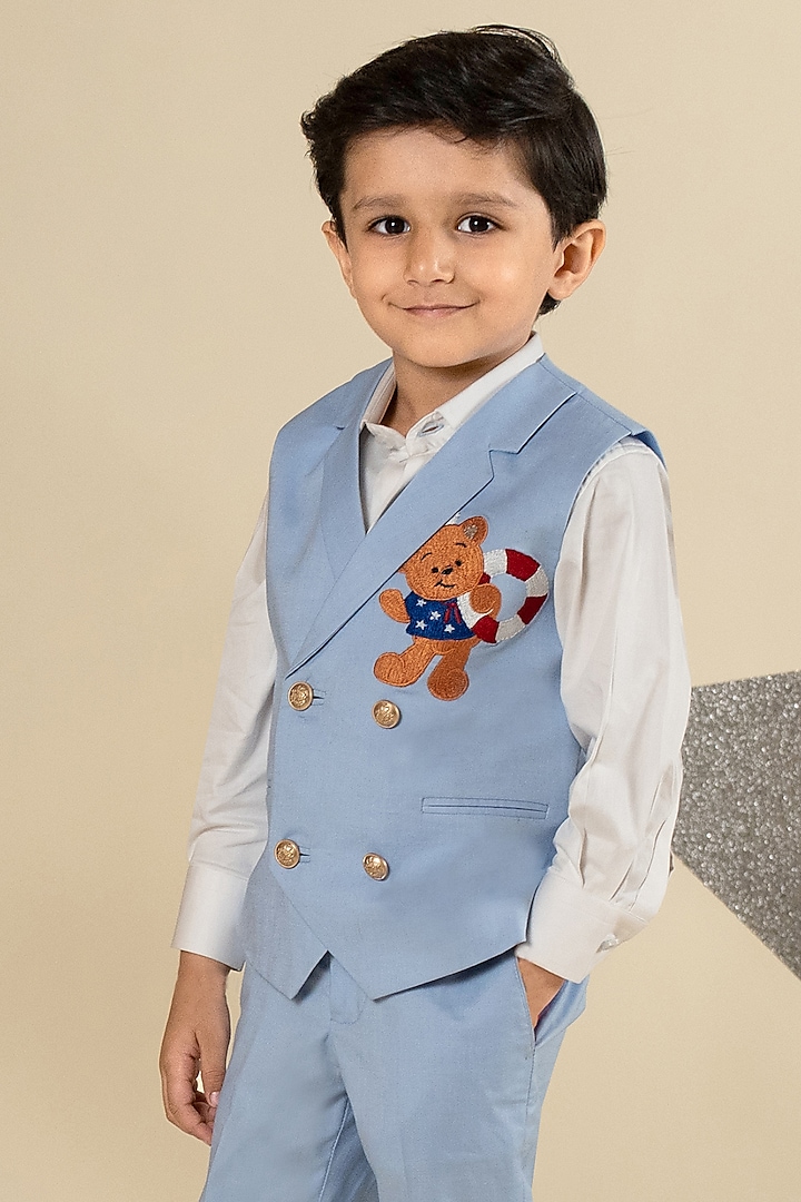 Sky Blue Suiting Cotton Satin Motifs Embroidered Double Breasted Waistcoat Set For Boys by Little Boys Closet at Pernia's Pop Up Shop