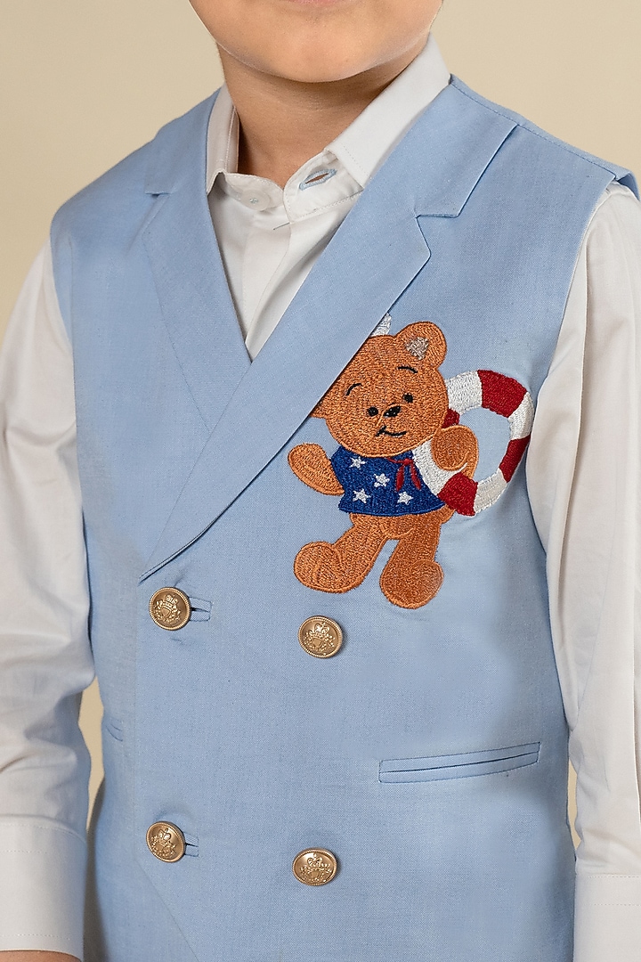 Sky Blue Suiting Cotton Satin Motifs Embroidered Double Breasted Waistcoat Set For Boys by Little Boys Closet at Pernia's Pop Up Shop