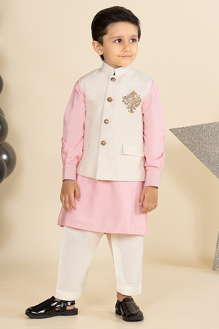 Off-White Cotton Silk Zardosi Hand Embroidered Waistcoat Set For Boys by Little Boys Closet