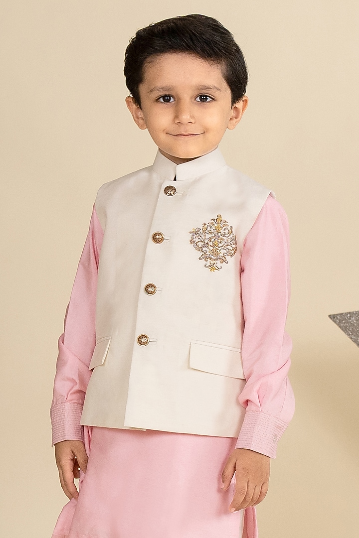 Off-White Cotton Silk Zardosi Hand Embroidered Waistcoat Set For Boys by Little Boys Closet at Pernia's Pop Up Shop