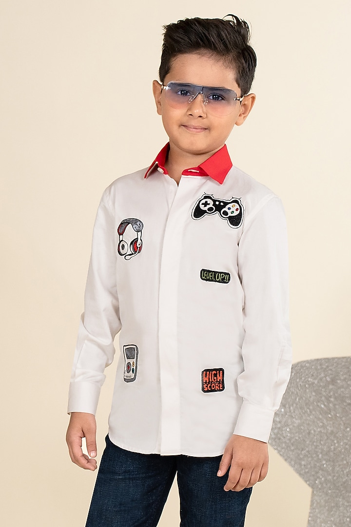 White Cotton Satin Motifs Embroidered Shirt For Boys by Little Boys Closet at Pernia's Pop Up Shop