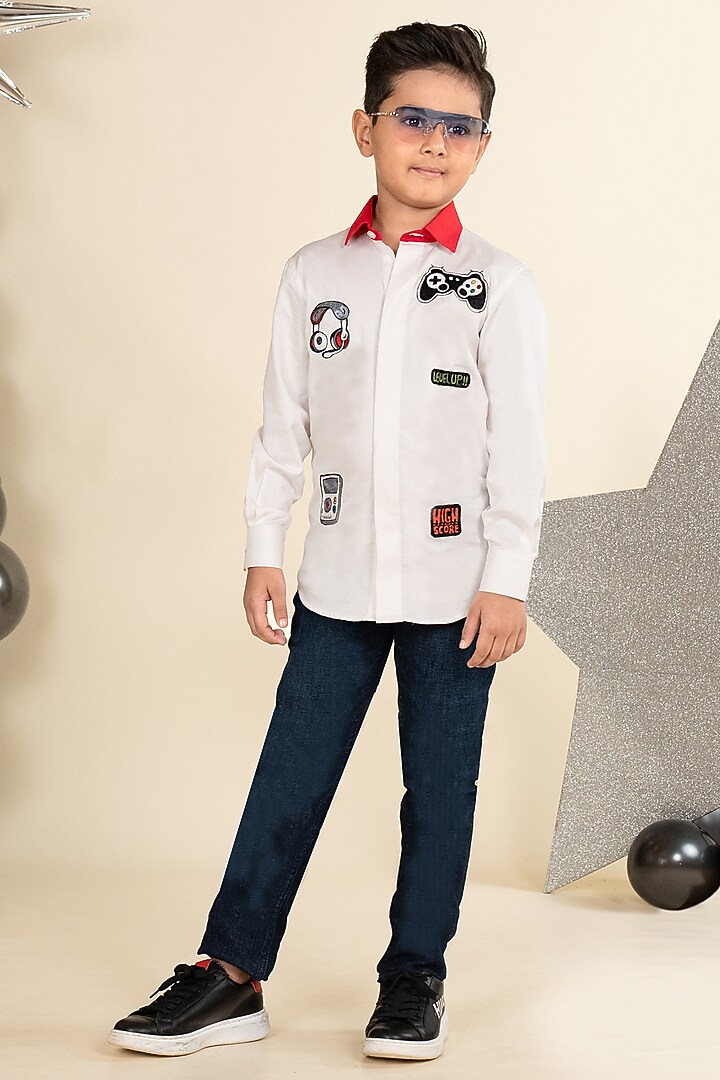 White Cotton Satin Motifs Embroidered Shirt For Boys by Little Boys Closet at Pernia's Pop Up Shop