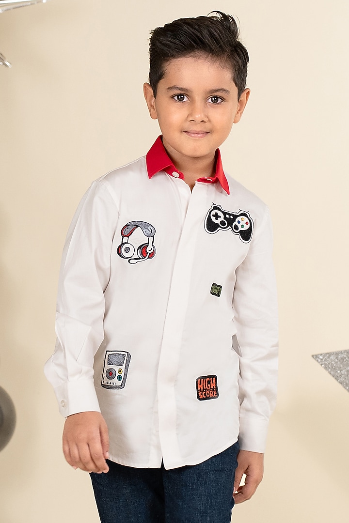 White Cotton Satin Motifs Embroidered Shirt For Boys by Little Boys Closet at Pernia's Pop Up Shop