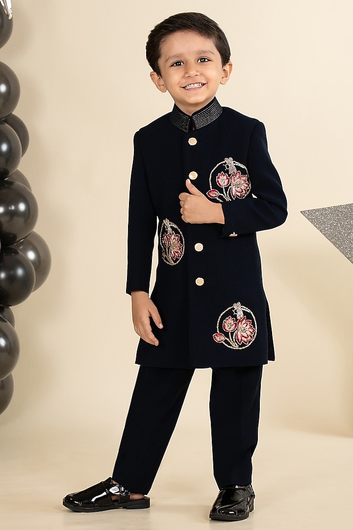 Navy Blue Sandwash Suiting Hand Embroidered Sherwani Set For Boys by Little Boys Closet