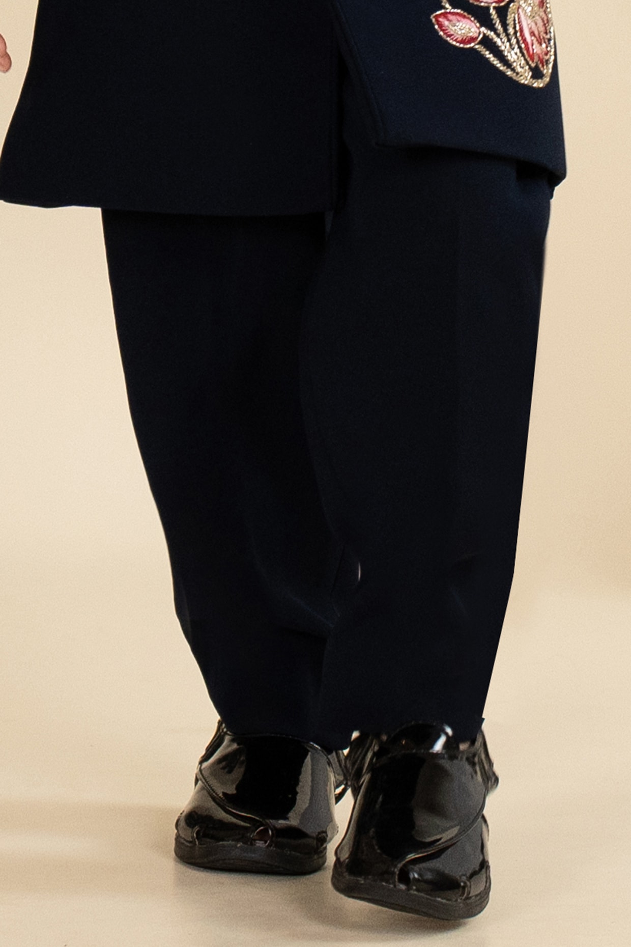 Navy Blue Sandwash Suiting Hand Embroidered Sherwani Set For Boys