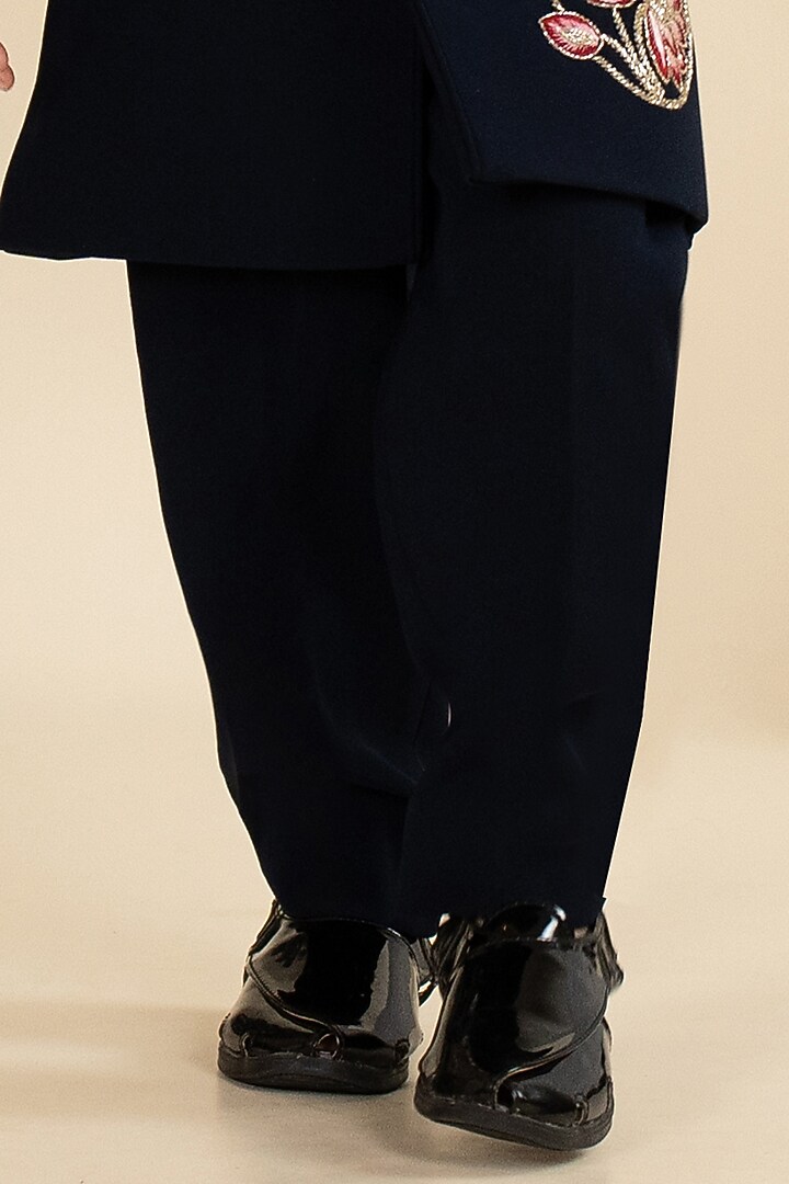 Navy Blue Sandwash Suiting Hand Embroidered Sherwani Set For Boys by Little Boys Closet at Pernia's Pop Up Shop