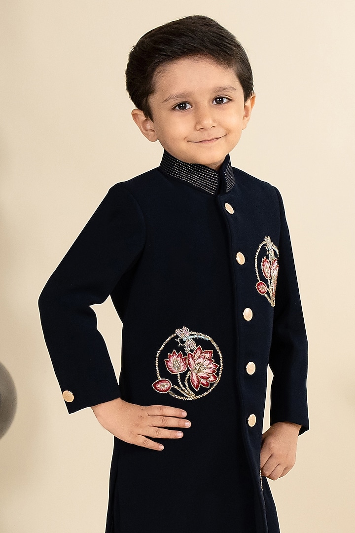 Navy Blue Sandwash Suiting Hand Embroidered Sherwani Set For Boys by Little Boys Closet at Pernia's Pop Up Shop