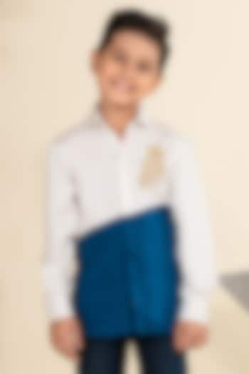 White & Teal Cotton Satin Hand Embroidered Color-Blocked Shirt For Boys by Little Boys Closet at Pernia's Pop Up Shop