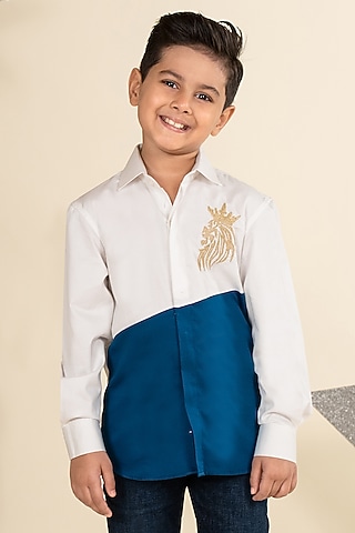 White & Teal Cotton Satin Hand Embroidered Color-Blocked Shirt For Boys by Little Boys Closet
