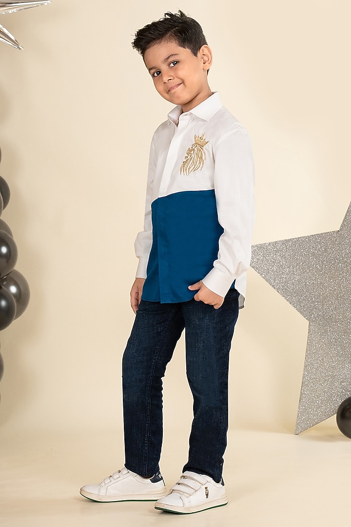 White & Teal Cotton Satin Hand Embroidered Color-Blocked Shirt For Boys by Little Boys Closet at Pernia's Pop Up Shop