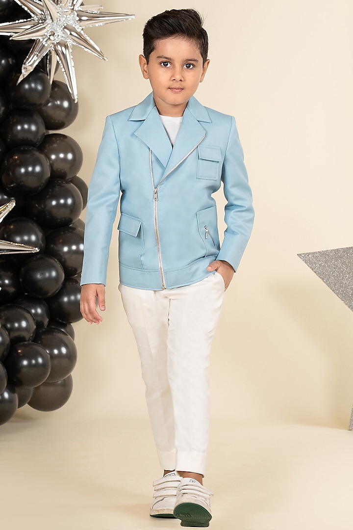 Sky Blue Suiting Biker Jacket Set For Boys by Little Boys Closet