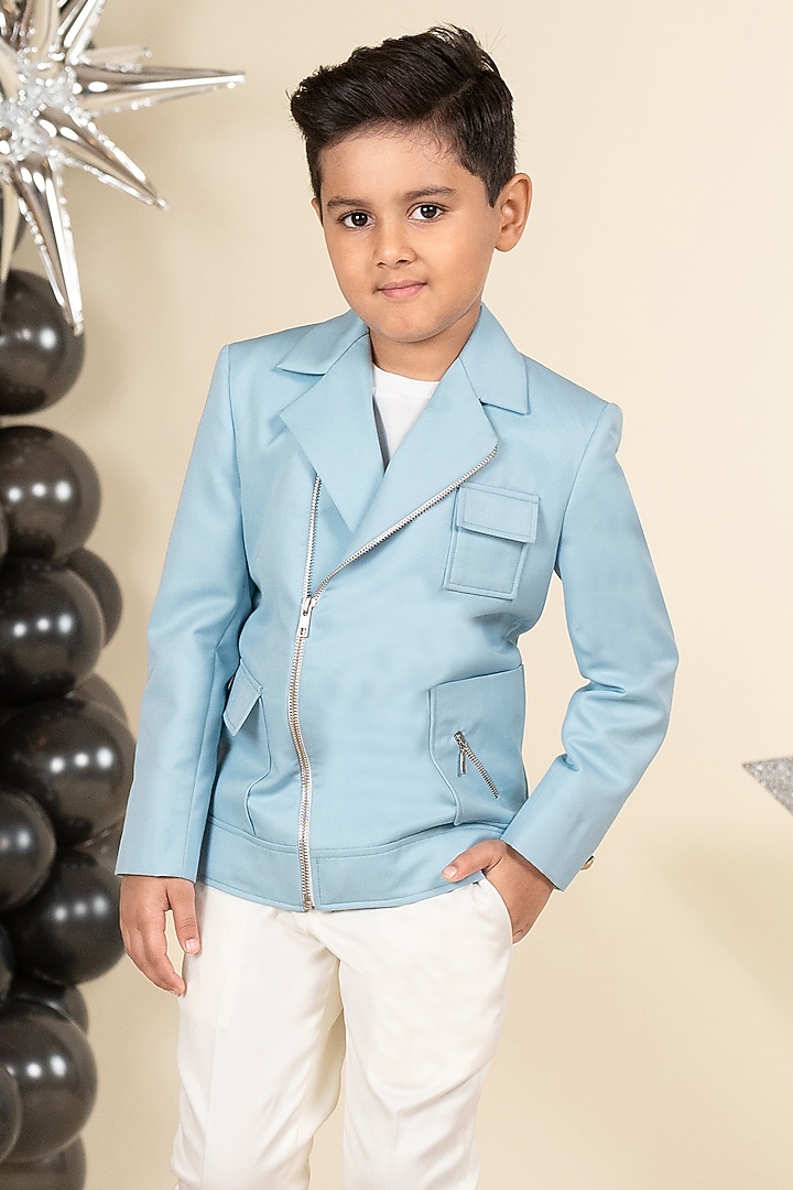 Sky Blue Suiting Biker Jacket Set For Boys by Little Boys Closet at Pernia's Pop Up Shop