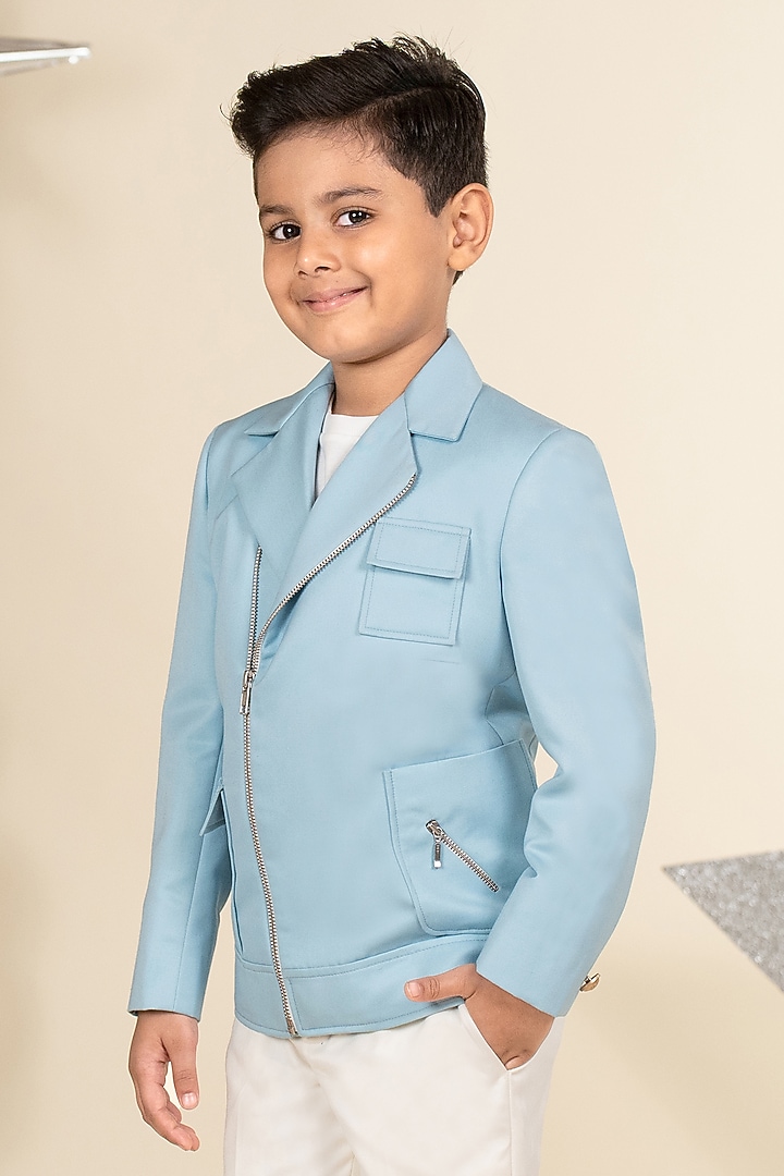 Sky Blue Suiting Biker Jacket Set For Boys by Little Boys Closet at Pernia's Pop Up Shop