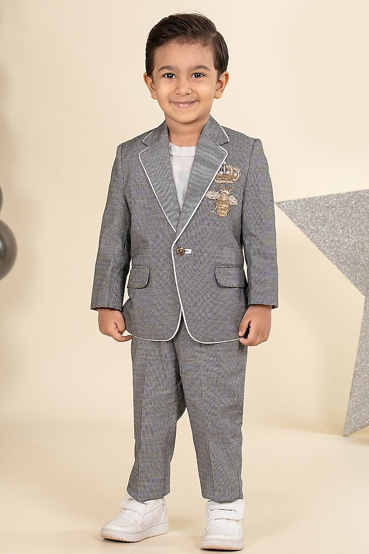 Black & White Suiting Zari Handwork Dotted Blazer Set For Boys by Little Boys Closet