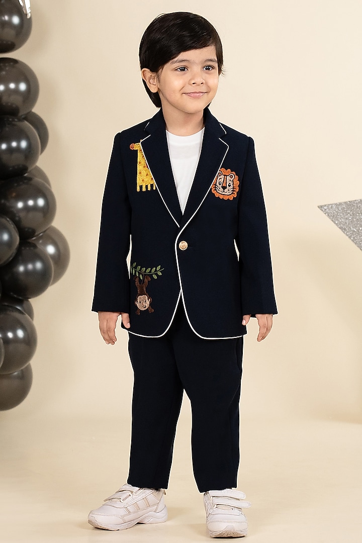 Navy Sandwash Suiting Embroidered Blazer Set For Boys by Little Boys Closet