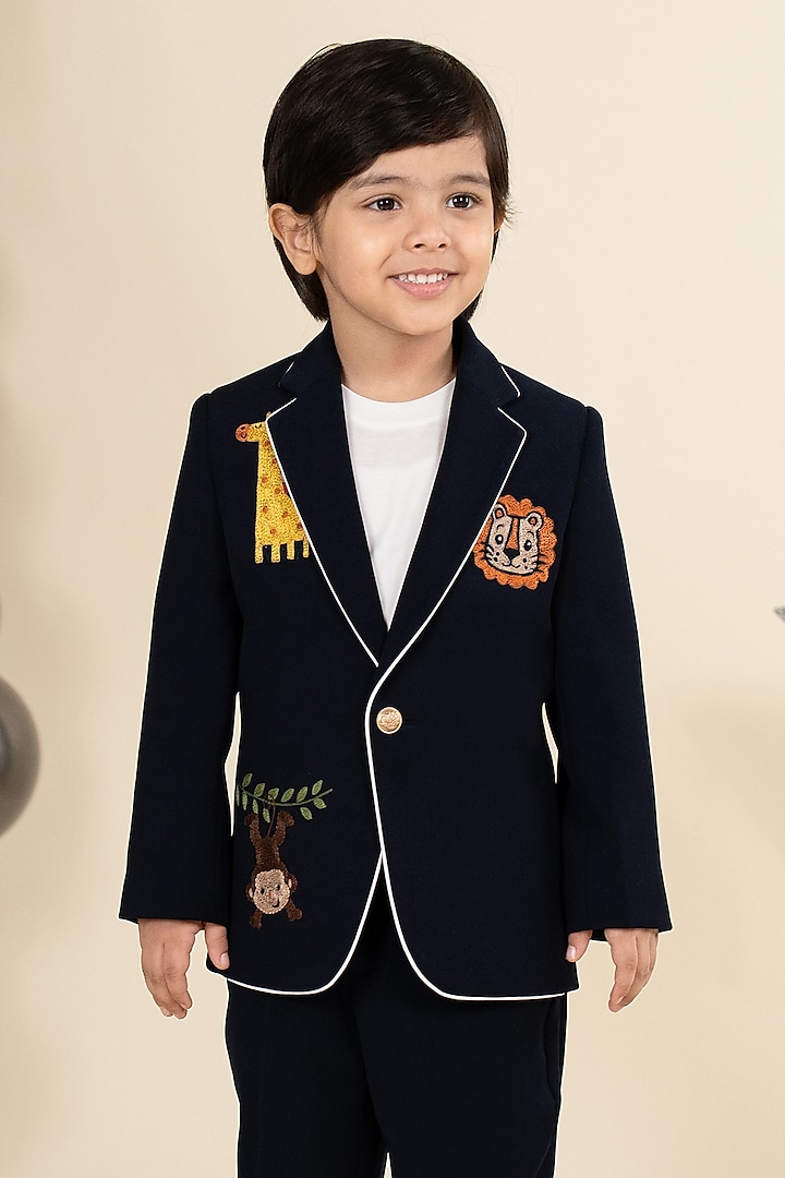 Navy Sandwash Suiting Embroidered Blazer Set For Boys by Little Boys Closet at Pernia's Pop Up Shop