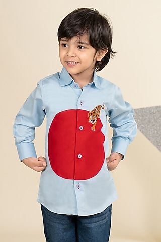 Sky Blue & Red Cotton Satin Motifs Embroidered Color-Blocked Shirt For Boys by Little Boys Closet