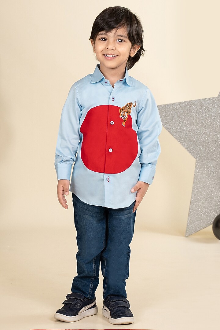 Sky Blue & Red Cotton Satin Motifs Embroidered Color-Blocked Shirt For Boys by Little Boys Closet at Pernia's Pop Up Shop