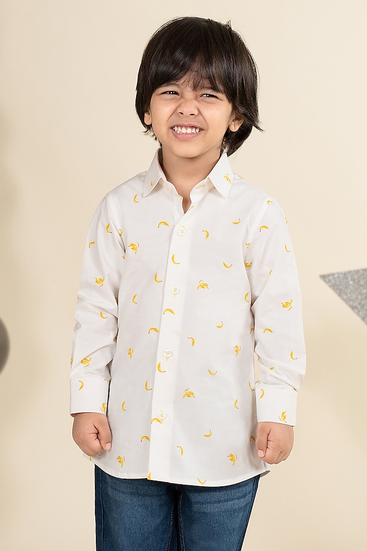 White Cotton Satin Banana Printed Shirt For Boys by Little Boys Closet at Pernia's Pop Up Shop