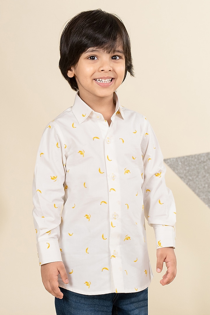 White Cotton Satin Banana Printed Shirt For Boys by Little Boys Closet at Pernia's Pop Up Shop