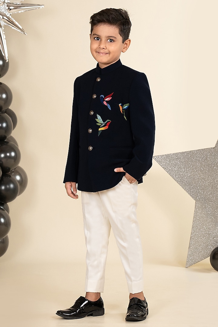 Navy Blue Sandwash Suiting Resham Thread Embroidered Bandhgala Set For Boys by Little Boys Closet at Pernia's Pop Up Shop