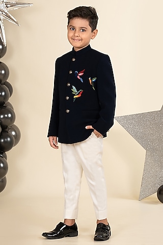 Navy Blue Sandwash Suiting Resham Thread Embroidered Bandhgala Set For Boys by Little Boys Closet