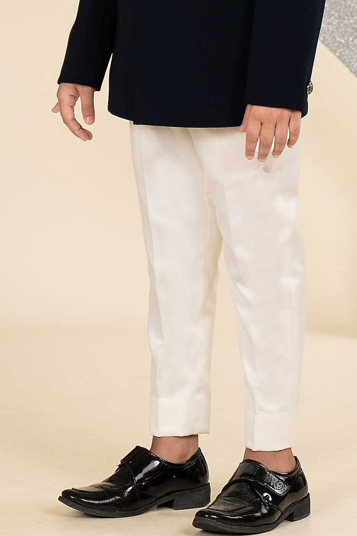Navy Blue Sandwash Suiting Resham Thread Embroidered Bandhgala Set For Boys by Little Boys Closet at Pernia's Pop Up Shop