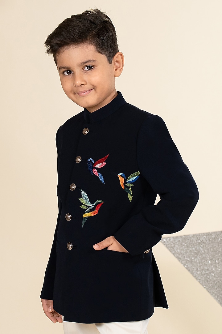 Navy Blue Sandwash Suiting Resham Thread Embroidered Bandhgala Set For Boys by Little Boys Closet at Pernia's Pop Up Shop