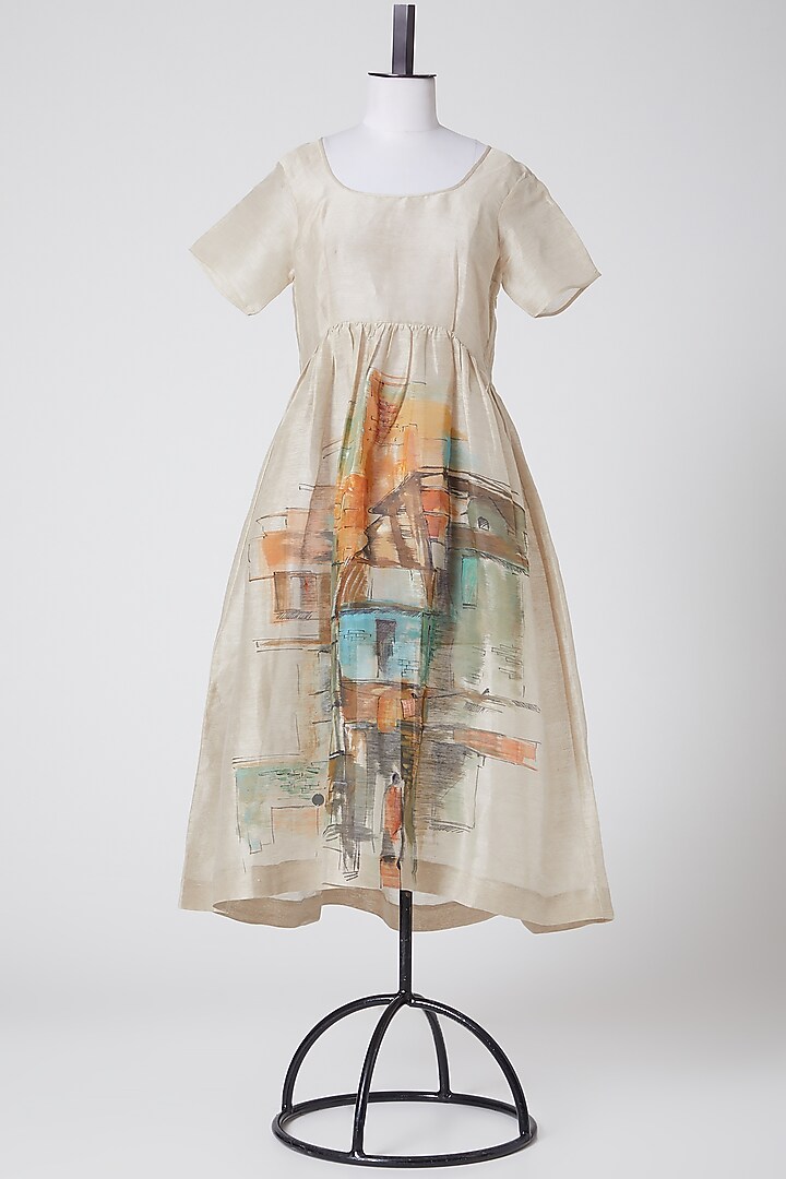 Beige Hand Painted Linen Silk Summer Dress by CLOS at Pernia's Pop Up Shop